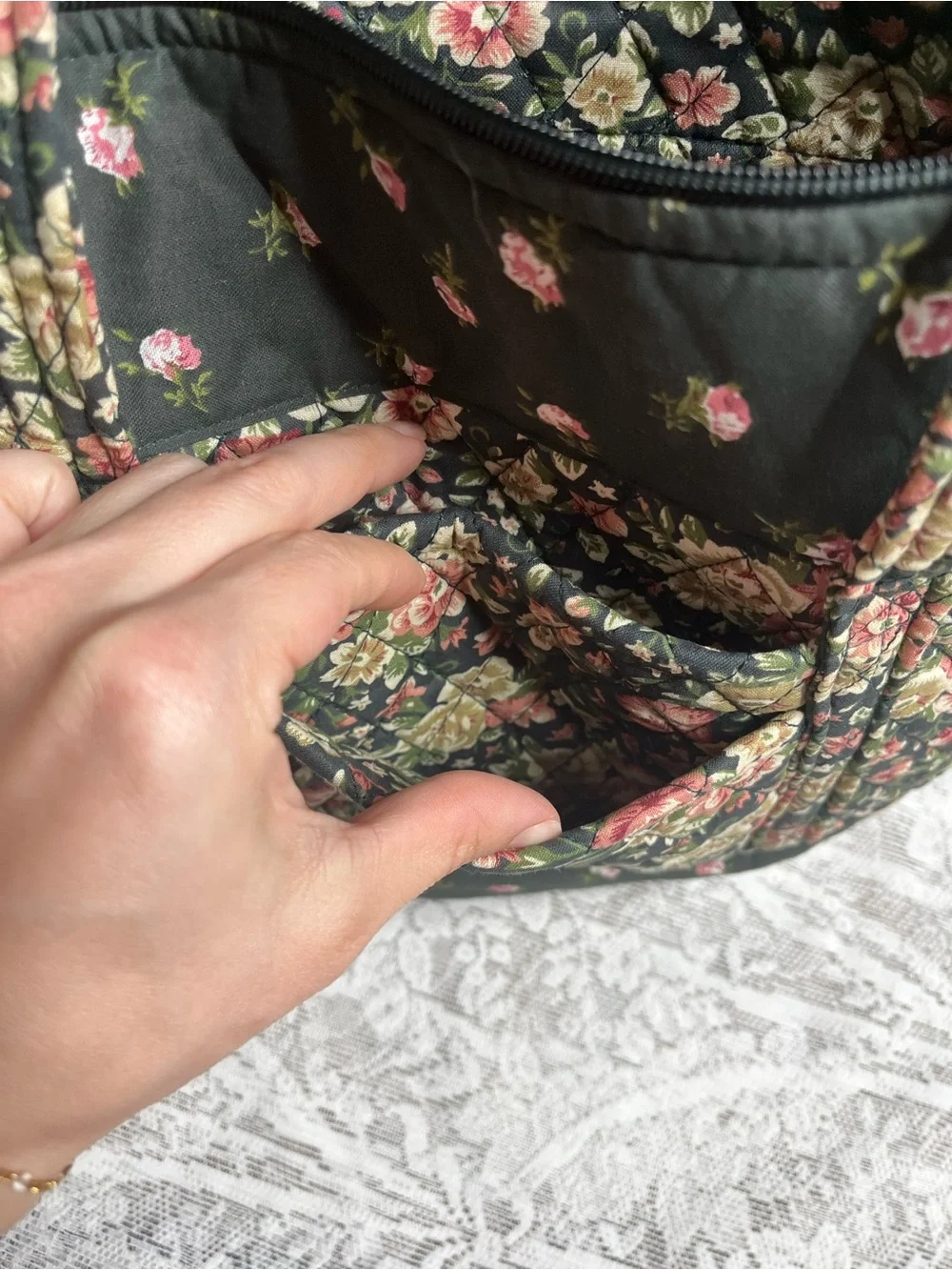 Floral Quilted 100% Cotton Tote Bag - Black with Pink & Cream Flowers